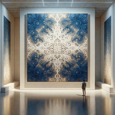 The primary subject of the image is a large, blue painting displayed on a wall. The painting features a tree design and is surrounded by other paintings. The setting is a room with a white wall, and the visual style appears to be a combination of digital art and illustration. The colors and mood of the image are predominantly blue, creating a calm and serene atmosphere.